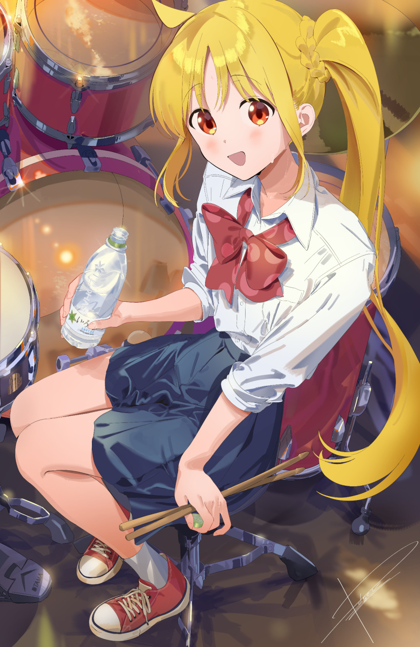 1girl ahoge blonde_hair blue_skirt blush bocchi_the_rock! bottle bow bowtie chair collared_shirt commentary_request drum drumsticks highres holding holding_bottle holding_drumsticks ijichi_nijika instrument long_hair open_mouth poligon_(046) polka_dot polka_dot_bow red_bow red_bowtie red_eyes shirt shoes sitting skirt smile sneakers socks solo white_shirt white_socks
