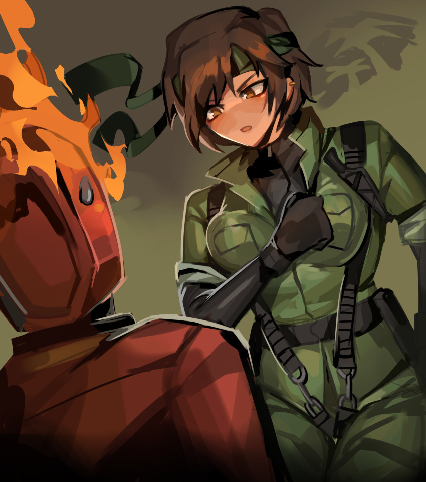 1girl 1other absurdres bandana belt big_boss big_boss_(cosplay) black_gloves brown_eyes brown_hair coat commentary cosplay dante_(limbus_company) dark-skinned_female dark_skin elbow_gloves english_commentary fire gloves green_bandana harness highres knife knife_sheath limbus_company metal_gear_(series) metal_gear_solid_3:_snake_eater military military_uniform morchkins object_head outis_(limbus_company) popped_collar project_moon red_coat sheath sleeves_rolled_up uniform zipper