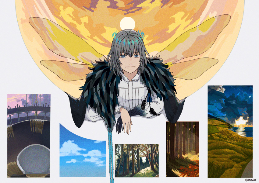 1boy absurdres black_cape black_feathers blue_sky cape closed_mouth dragonfly_wings dress_shirt fate/grand_order fate_(series) feather-trimmed_cape feathers forest frilled_shirt frills grass grey_eyes grey_hair hair_between_eyes highres long_sleeves male_focus nature oberon_(third_ascension)_(fate) shirt short_hair sky solo white_shirt