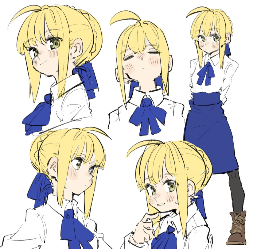 1girl ahoge arms_behind_back artoria_pendragon_(fate) black_pantyhose blonde_hair blue_sky boots brown_footwear closed_eyes collared_shirt expressions fate/stay_night fate_(series) green_eyes hair_bun hair_ribbon high-waist_skirt highres looking_at_viewer looking_to_the_side neck_ribbon nervous_smile pantyhose ribbon saber shirt sidelocks simple_background sketch skirt sky smile tenoo12 white_background white_shirt