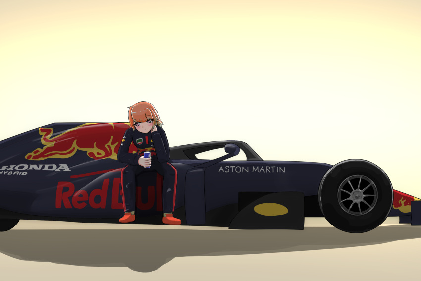 1girl aston_martin black_jumpsuit blush can car colored_tips country_connection formula_one formula_racer green_hair hand_on_own_neck highres holding holding_can hololive honda jumpsuit logo looking_to_the_side motor_vehicle multicolored_hair n13 orange_hair race_vehicle racecar racing_suit red_bull red_footwear shadow shoes sitting solo takanashi_kiara vehicle_focus violet_eyes virtual_youtuber yellow_background