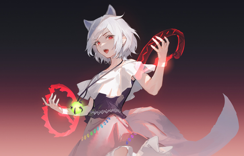 1girl animal_ears black_shirt chinese_commentary collarbone commentary_request cowboy_shot extra_ears foothold_trap gradient_background hug_(yourhug) jewelry looking_at_viewer mitsugashira_enoko necklace open_mouth pink_skirt red_eyes shirt short_hair simple_background skirt solo tail teeth tongue touhou veil white_hair wolf_ears wolf_girl wolf_tail