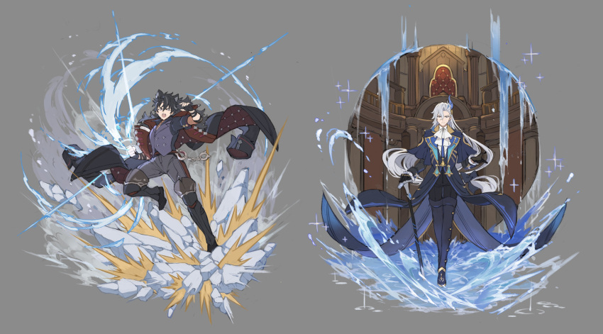 2boys absurdres animal_ears black_gloves black_hair boots cane closed_mouth commentary cuffs fingerless_gloves genshin_impact gloves grey_background grey_hair hair_between_eyes handcuffs highres holding holding_cane jacket jacket_on_shoulders long_hair long_sleeves male_focus multiple_boys neuvillette_(genshin_impact) open_mouth pants papajay_(jennygin2) shirt simple_background sparkle symbol-only_commentary thigh_boots very_long_hair vest wriothesley_(genshin_impact)