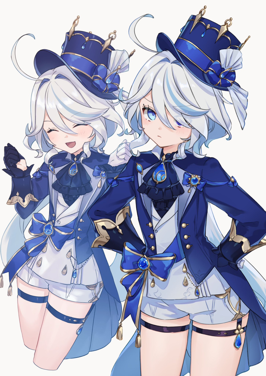 1girl :d ^_^ ascot asymmetrical_gloves black_gloves blue_ascot blue_bow blue_coat blue_eyes blue_gemstone blue_headwear bow brooch closed_eyes closed_mouth coat cowboy_shot cropped_legs furina_(genshin_impact) gem genshin_impact gloves hair_between_eyes hands_on_own_hips highres jewelry long_sleeves looking_at_viewer medium_hair mismatched_gloves multicolored_hair multiple_views open_clothes open_coat projected_inset shorts simple_background smile streaked_hair vest white_background white_gloves white_hair white_shorts white_vest yu_ri_0320