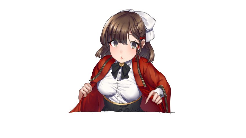 1girl absurdres asahi_(kancolle) black_bow black_bowtie black_skirt bow bowtie braid breasts brown_hair coat collared_shirt hair_ribbon highres japanese_clothes kantai_collection large_breasts long_sleeves looking_at_viewer meru-chan mole mole_under_mouth red_coat ribbon shirt simple_background skirt solo upper_body white_background white_ribbon white_shirt