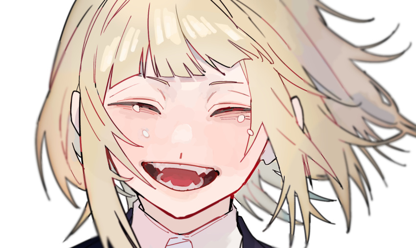 1girl :d ^_^ black_jacket blonde_hair blunt_bangs blurry boku_no_hero_academia close-up closed_eyes collared_shirt commentary_request crying fangs highres jacket open_mouth portrait shirt short_hair simple_background smile solo toga_himiko white_background white_shirt yumei_(jigoku101)