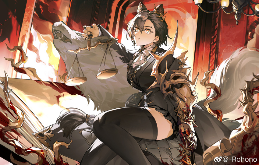 1girl animal_ear_fluff animal_ears arknights armored_gloves ascot black_jacket black_nails black_skirt black_thighhighs blood blood_on_weapon braid chandelier chinese_commentary closed_mouth commentary_request feet_out_of_frame fingernails frown gloves grey_hair hair_between_eyes highres holding_scale jacket jewelry long_hair looking_at_viewer mole_above_eye nail_polish necklace penance_(arknights) pleated_skirt rohono single_braid single_glove skirt slit_pupils solo tail thigh-highs very_long_hair weapon weibo_logo weibo_username weighing_scale white_ascot wolf wolf_ears wolf_girl wolf_tail yellow_eyes