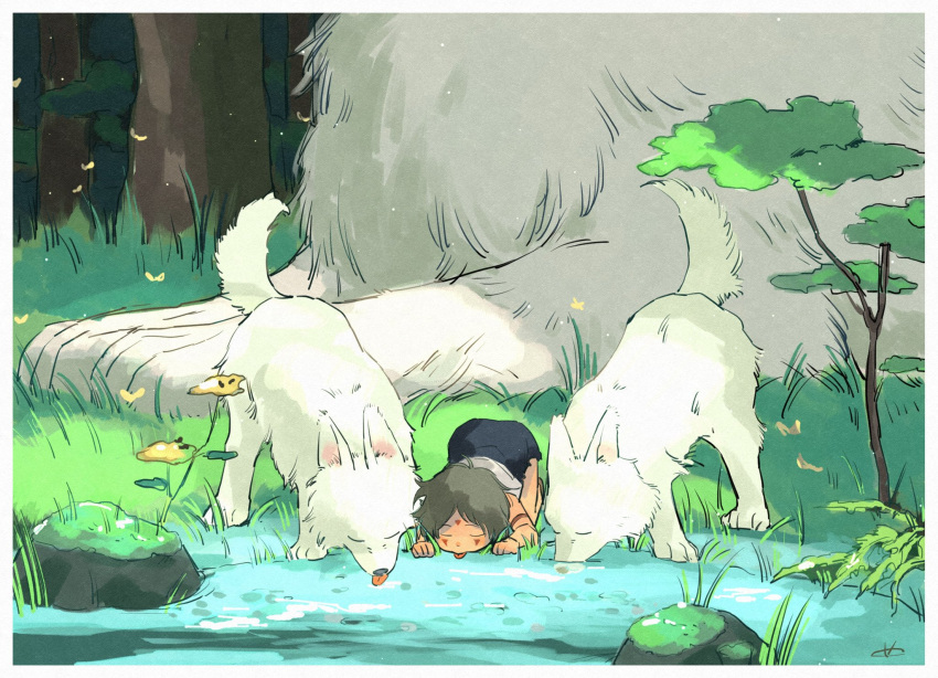 1girl aged_down animal border brown_hair bug butterfly closed_eyes drinking facial_mark forest grass highres meld_me mononoke_hime moro_no_kimi moss nature outdoors rock san_(mononoke_hime) short_hair tongue tongue_out tree white_border wolf