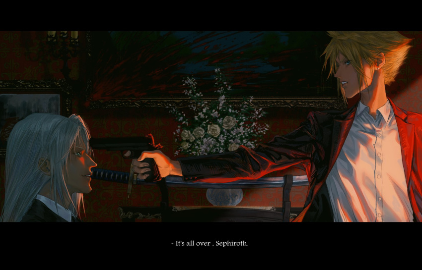 2boys alternate_costume angry blonde_hair blue_eyes buttons candle candlestand cloud_strife collared_shirt earrings english_text final_fantasy final_fantasy_vii flower green_eyes grey_hair gun handgun highres holding holding_gun holding_weapon indoors jacket jewelry katana light_smile long_hair male_focus multiple_boys night open_clothes open_jacket painting_(object) parted_lips photo_(object) picture_frame pointing_gun red_jacket rose ry1115275908 scabbard sephiroth serious sheath shirt short_hair smile stud_earrings suit suit_jacket sword vase wallpaper_(object) weapon white_flower white_rose white_shirt