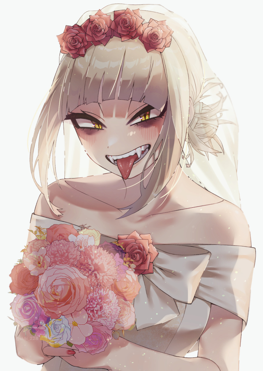1girl bags_under_eyes blonde_hair blunt_bangs boku_no_hero_academia bouquet chibi_228 dress fangs flower hair_bun head_wreath highres holding holding_bouquet looking_at_viewer messy_hair nail_polish narrowed_eyes red_nails rose sidelocks slit_pupils solo toga_himiko tongue tongue_out wedding_dress white_dress yellow_eyes