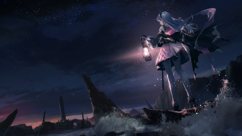 1girl arknights belt black_belt black_cape black_footwear black_gloves black_jacket cape cliff clouds commentary earrings feather_hair floating_hair from_behind gloves grey_eyes grey_hair highres holding holding_lantern irene_(arknights) jacket jewelry lantern long_hair long_sleeves looking_ahead night night_sky outdoors pantyhose pillar pink_ribbon pink_skirt ren_(gh) ribbon scar scar_across_eye shoes skirt sky solo star_(sky) starry_sky symbol-only_commentary two-tone_skirt water waves white_pantyhose white_skirt