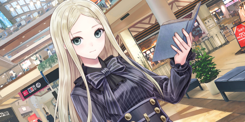 1girl black_dress blonde_hair blue_reflection blue_reflection_sun blush book bow bowtie dress game_cg grey_eyes highres holding holding_book indoors kishida_mel long_hair long_sleeves looking_at_viewer mall morisaki_alesia_yu non-web_source parted_bangs solo_focus striped striped_dress upper_body vertical-striped_dress vertical_stripes wavy_mouth