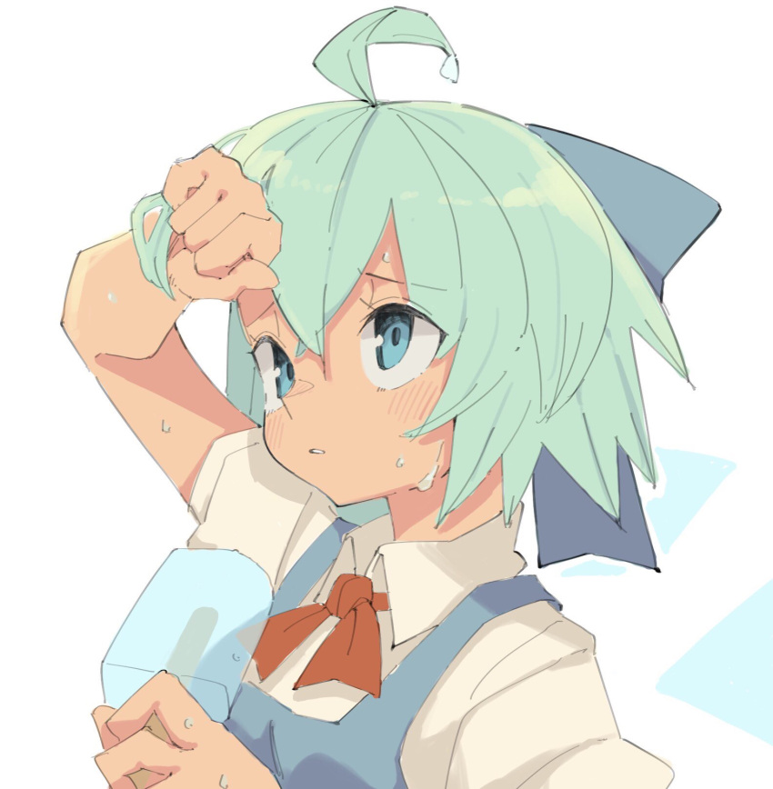 1girl ahoge aqua_hair arm_up blue_bow blue_dress blue_eyes blush bow cirno collared_shirt dress food hair_bow highres holding holding_food holding_popsicle hot ice ice_wings neck_ribbon parted_lips popsicle red_ribbon ribbon shirt short_hair short_sleeves simple_background solo sweat tenoo12 touhou upper_body white_shirt wings