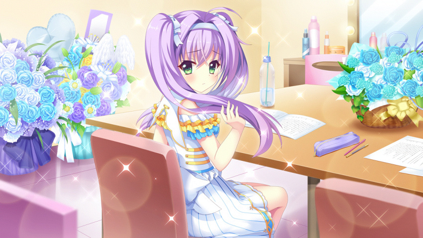 1girl ahoge alternate_hairstyle bare_shoulders blue_flower blue_hairband blue_ribbon blue_rose blue_stripes book bottle bouquet chair closed_mouth dot_nose dress dressing_room drinking_straw film_grain flower frilled_dress frills game_cg green_eyes hair_intakes hair_ribbon hairband heart hokaze_kanade holding_own_hair indoors izumi_tsubasu layered_skirt lens_flare looking_at_viewer looking_back mirror non-web_source official_art on_chair open_book paper pencil_case purple_flower purple_hair purple_rose re:stage! ribbon rose sitting skirt solo sparkle striped striped_dress table tile_floor tiles twintails vanity_table vertical-striped_dress vertical_stripes water_bottle white_dress white_flower white_rose white_skirt wooden_table yellow_flower yellow_rose