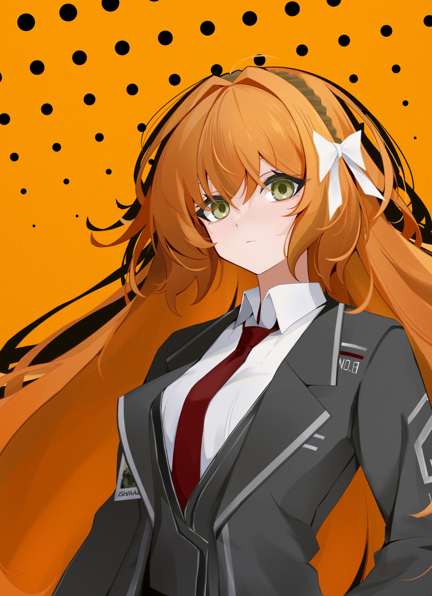 1girl absurdres anri_(user_ncce8585) black_coat black_vest bow brown_hairband closed_mouth coat collared_shirt commentary_request green_eyes hair_bow hairband highres ishmael_(limbus_company) limbus_company long_hair long_sleeves looking_at_viewer necktie orange_hair project_moon red_necktie shirt sidelocks solo upper_body very_long_hair vest white_bow white_shirt wing_collar