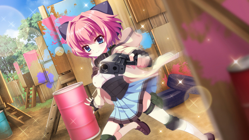 &gt;:) 1girl aiming aiming_at_viewer ammunition_pouch barricade belt black_bow black_bowtie black_gloves blue_eyes blue_skirt blue_sky blurry blurry_foreground bow bowtie brown_footwear closed_mouth day dot_nose drum_(container) dutch_angle film_grain fingerless_gloves game_cg gangsta_hold glint gloves gun hair_bow hair_intakes handgun headphones headphones_around_neck headset hiiragi_kae hood hoodie izumi_tsubasu knee_pads ladder large_bow lens_flare looking_at_viewer motion_blur non-web_source official_art outdoors paint_splatter pink_hair pouch purple_bow re:stage! school_uniform shoes short_hair skirt sky smile socks solo sparkle stepladder thigh_strap tire tree underbust utility_belt v-shaped_eyebrows weapon weapon_request white_hoodie white_socks white_uniform