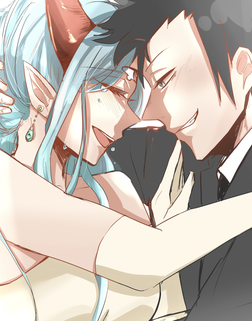 1boy 1girl absurdres black_hair blue_hair crying eye_contact grey_suit grin hand_on_another's_chest hetero highres horns light_blue_hair looking_at_another lv1_maou_to_one_room_yuusha makura3340 maou_(lv1_maou_to_one_room_yuusha) max_(lv1_maou_to_one_room_yuusha) pointy_ears red_eyes red_horns sideburns smile suit third_eye upper_body