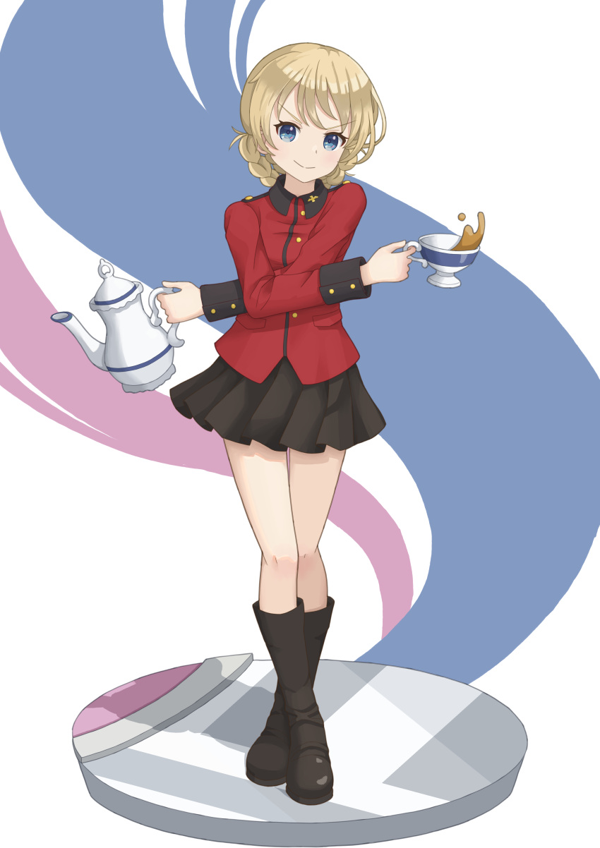 1girl absurdres blonde_hair blue_eyes braid closed_mouth crossed_ankles crossed_arms cup darjeeling_(girls_und_panzer) full_body girls_und_panzer highres holding holding_cup holding_teapot looking_at_viewer qgkmn541 short_hair smile solo spilling st._gloriana's_military_uniform standing teacup teapot twin_braids
