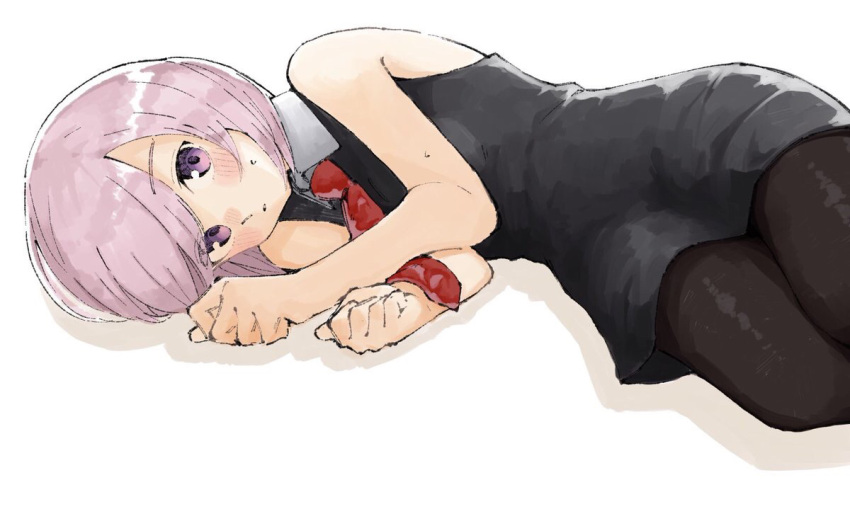 1girl bare_shoulders black_pantyhose blush collared_dress dress fate/grand_order fate_(series) light_purple_hair looking_at_viewer lying mash_kyrielight necktie on_side pantyhose red_necktie short_hair simple_background sleeveless sleeveless_dress solo sweat tenoo12 violet_eyes white_background
