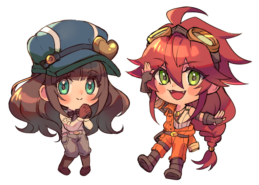 1boy 1girl ahoge blue_eyes blush braid brown_footwear brown_gloves cardia_beckford chibi code:realize fangs fingerless_gloves gloves goggles goggles_on_head green_eyes hand_up hat highres impey_barbicane jewelry kash-phia long_hair necklace orange_overalls overalls own_hands_together pants redhead simple_background smile very_long_hair white_background