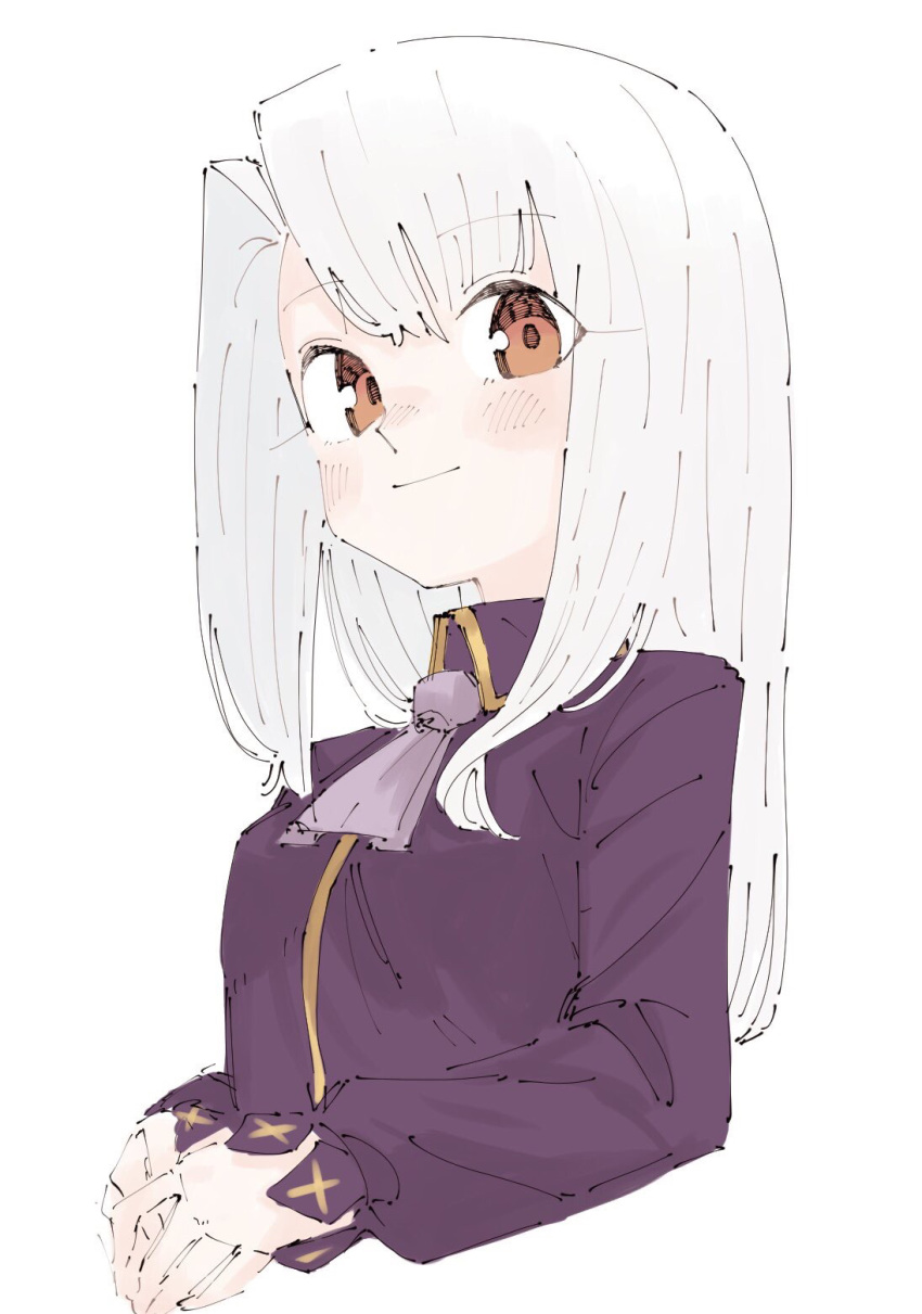 1girl ascot blush brown_eyes collared_shirt commentary_request cropped_torso fate/stay_night fate_(series) highres illyasviel_von_einzbern long_hair long_sleeves looking_at_viewer own_hands_together partial_commentary purple_shirt shirt simple_background sketch smile solo tenoo12 upper_body white_background white_hair