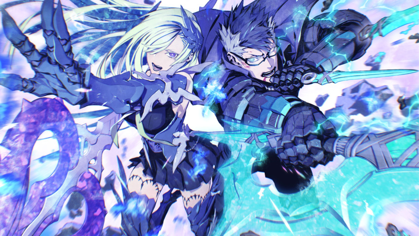 armor armored_boots armored_dress boots brynhildr_(fate) brynhildr_romantia couple dynamic_pose fate/grand_order fate_(series) gauntlets glasses gram_(fate) hair_over_one_eye headpiece highres holding holding_polearm holding_weapon long_hair miwa_shirow multicolored_hair official_art polearm purple_thighhighs sigurd_(fate) spear spiky_hair thigh-highs two-tone_hair very_long_hair weapon winged_hair_ornament
