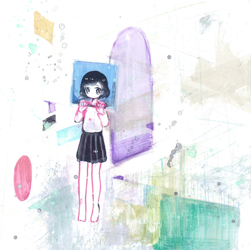 1girl abstract_background album_cover black_eyes black_hair black_skirt commentary_request cover door full_body highres kyarai-417 no_mouth no_shoes original pleated_skirt shirt short_hair sketch skirt solo surreal white_shirt window