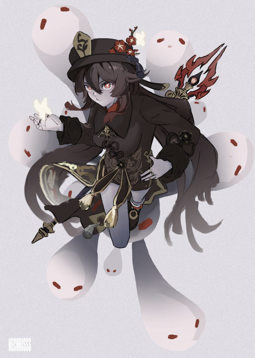 1girl black_headwear black_shorts brown_hair coattails collared_coat flower flower-shaped_pupils genshin_impact ghost hair_between_eyes hat hat_flower hat_tassel highres hu_tao_(genshin_impact) jewelry long_hair long_sleeves looking_at_viewer multiple_rings nechrisss original plum_blossoms porkpie_hat red_eyes ring shorts solo staff_of_homa_(genshin_impact) symbol-shaped_pupils tailcoat twintails