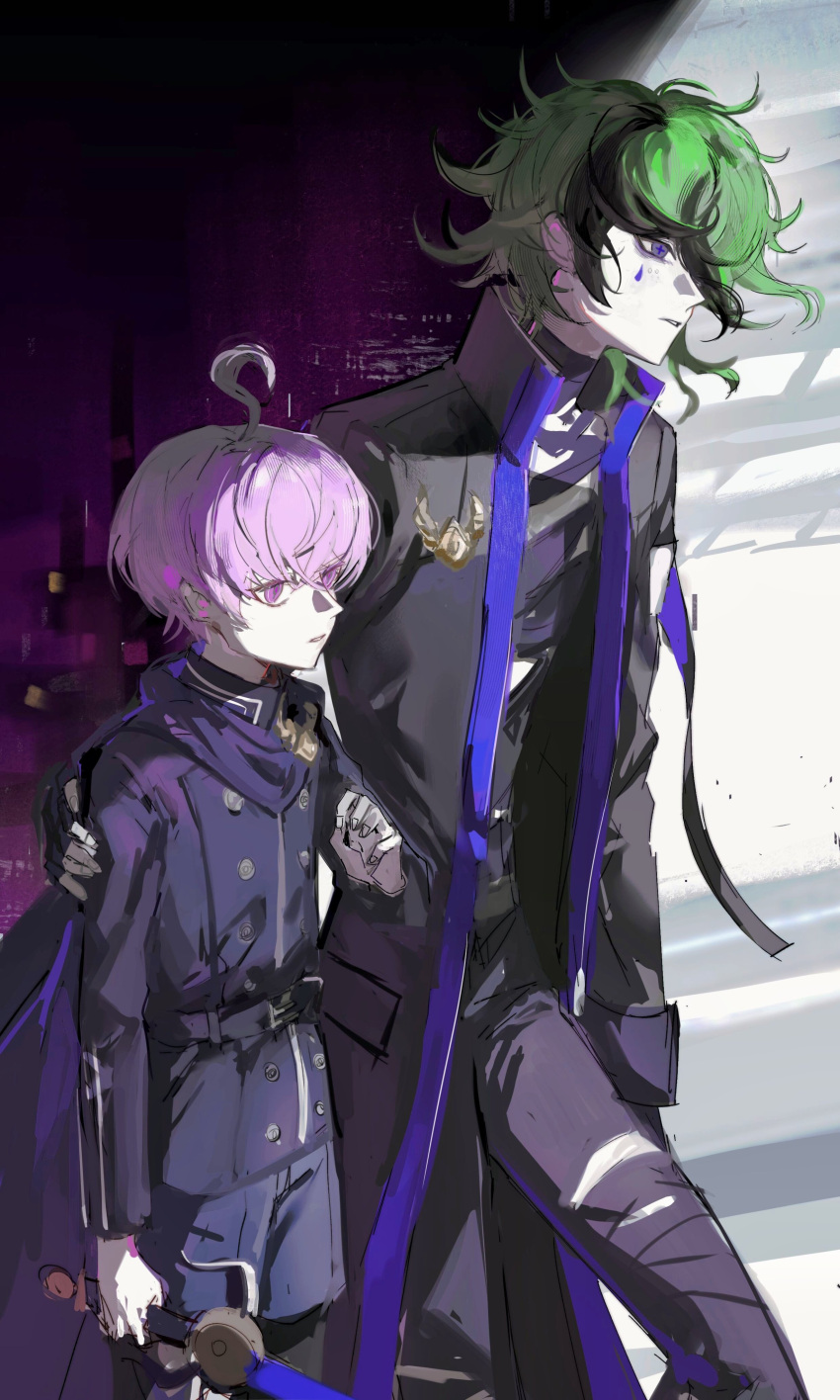 2boys absurdres ahoge belt binxngchng1 black_coat black_pants blue_belt blue_jacket blue_shorts coat commentary green_hair highres holding holding_sword holding_weapon jacket long_sleeves looking_at_viewer male_focus master_detective_archives:_rain_code messy_hair multicolored_hair multiple_boys open_clothes open_coat pants purple_hair short_hair shorts streaked_hair sword symbol_in_eye violet_eyes vivia_twilight walking weapon yuma_kokohead