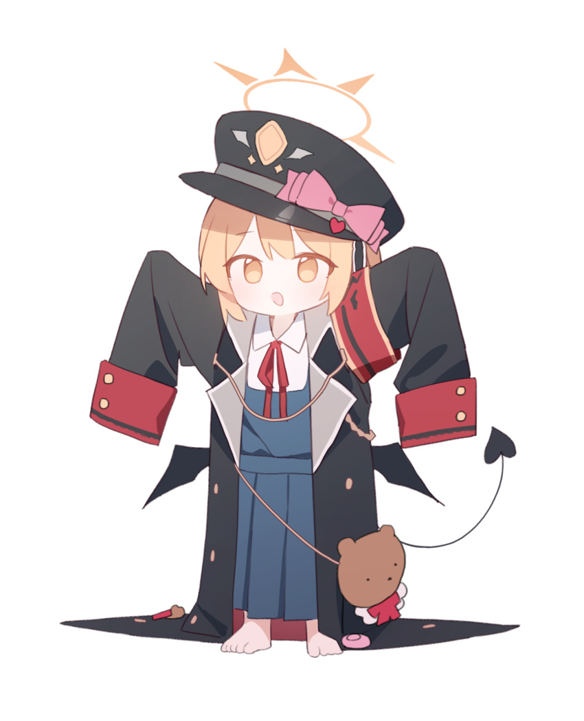1girl animal_bag armband bag barefoot black_coat black_headwear black_tail black_wings blonde_hair blue_archive blue_skirt bow coat doribae full_body halo hat hat_bow highres ibuki_(blue_archive) long_sleeves open_clothes open_coat open_mouth orange_eyes oversized_clothes pink_bow pleated_skirt red_armband red_ribbon ribbon simple_background skirt sleeves_past_wrists solo standing tail white_background wings