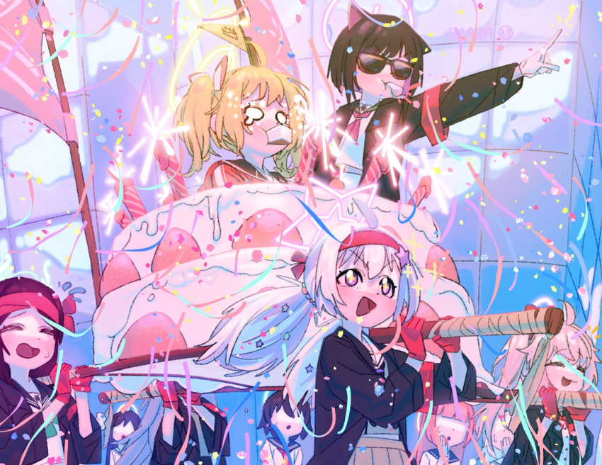 +_+ 0_0 6+girls after-school_sweets_club_(blue_archive) airi_(blue_archive) animal_ears armband banner beads black_hair blonde_hair blue_archive bob_cut cake cat_ears city colored_inner_hair confetti extra faceless faceless_female fireworks flag flying_sweatdrops food gloves hair_beads hair_ornament halo happy_birthday headband kazusa_(blue_archive) litter_(vehicle) low_twintails medium_hair multicolored_hair multiple_girls natsu_(blue_archive) open_mouth oversized_food oversized_object parade pararilla person_in_cake pink_hair pointing red_armband red_headband reisa_(blue_archive) short_hair strawberry_shortcake sweatdrop tearing_up twintails whistle white_gloves yoshimi_(blue_archive)
