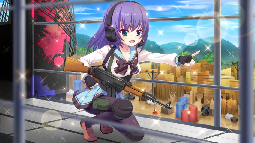 1girl ammunition_pouch aqua_eyes barricade belt black_bow black_bowtie black_gloves black_pantyhose blue_collar blue_hair blue_skirt blue_sky bow bowtie breasts brown_footwear catwalk_(walkway) collar collarbone day dot_nose drum_(container) film_grain fingerless_gloves game_cg gloves gun headset holding holding_gun holding_weapon honjou_kasumi izumi_tsubasu lens_flare long_sleeves magazine_(weapon) medium_breasts medium_hair non-web_source official_art on_one_knee open_mouth outdoors paint_splatter pantyhose pointing pouch re:stage! rifle school_uniform shoes skirt sky smile solo sparkle thigh_strap tire traffic_cone underbust utility_belt utility_pole weapon weapon_request white_uniform