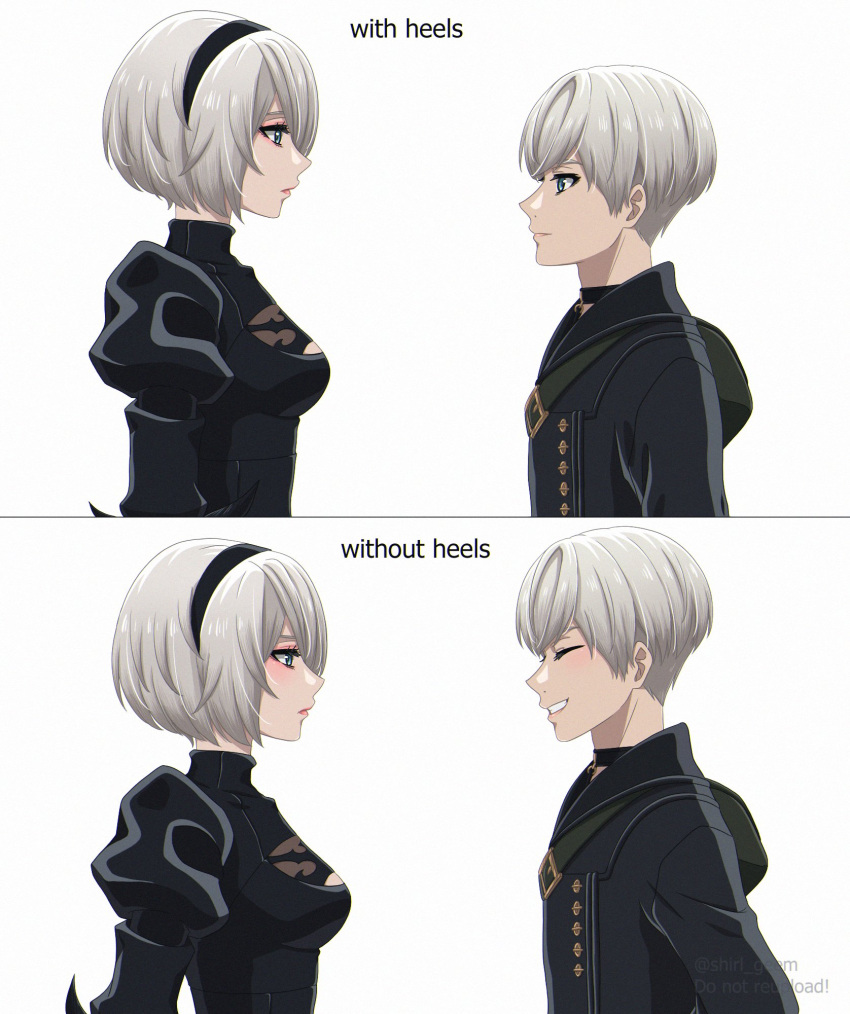 1boy 1girl 2b_(nier:automata) 9s_(nier:automata) black_dress black_hairband black_shirt blue_eyes breasts closed_eyes closed_mouth commentary dress english_text expressionless from_side grey_hair grin hairband height_difference highres juliet_sleeves lips long_sleeves medium_breasts nier:automata nier_(series) pink_lips profile puffy_sleeves shirl_geem shirt short_hair simple_background smile teeth white_background