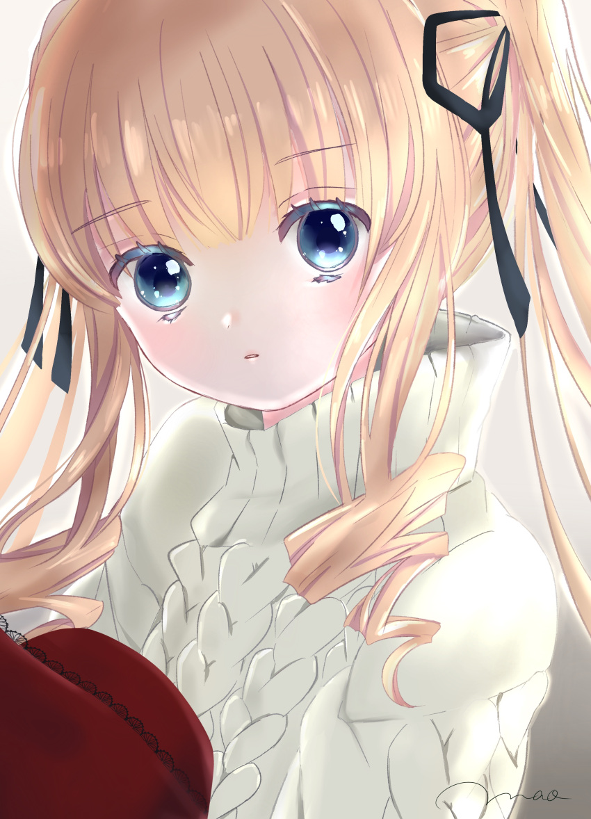 1girl absurdres artist_name black_ribbon blonde_hair blue_eyes commentary_request drill_hair hair_ribbon highres long_hair mao_(amulet_ma) open_mouth ribbon rozen_maiden shinku signature solo sweater turtleneck turtleneck_sweater twintails upper_body white_sweater
