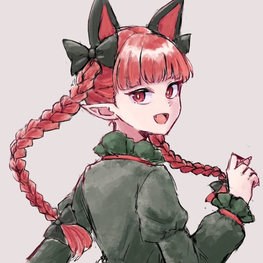 1girl animal_ears braid cat_ears dress extra_ears fang green_dress grey_background highres himari_ra kaenbyou_rin long_hair long_sleeves open_mouth pointy_ears red_eyes redhead simple_background smile solo touhou twin_braids upper_body