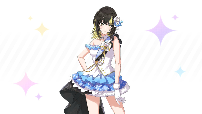 1girl asymmetrical_clothes black_hair blonde_hair breasts closed_mouth detached_collar dress eyelashes eyeliner frilled_dress frills fur-trimmed_gloves fur_trim gloves hair_ornament hand_on_own_hip highres idol idol_clothes idolmaster idolmaster_shiny_colors ikaruga_luca layered_skirt looking_at_viewer makeup medium_hair multicolored_hair off-shoulder_dress off_shoulder simple_background single_bare_shoulder skirt solo spread_the_wings!!_(idolmaster) standing streaked_hair white_dress white_gloves wing_hair_ornament yellow_eyes