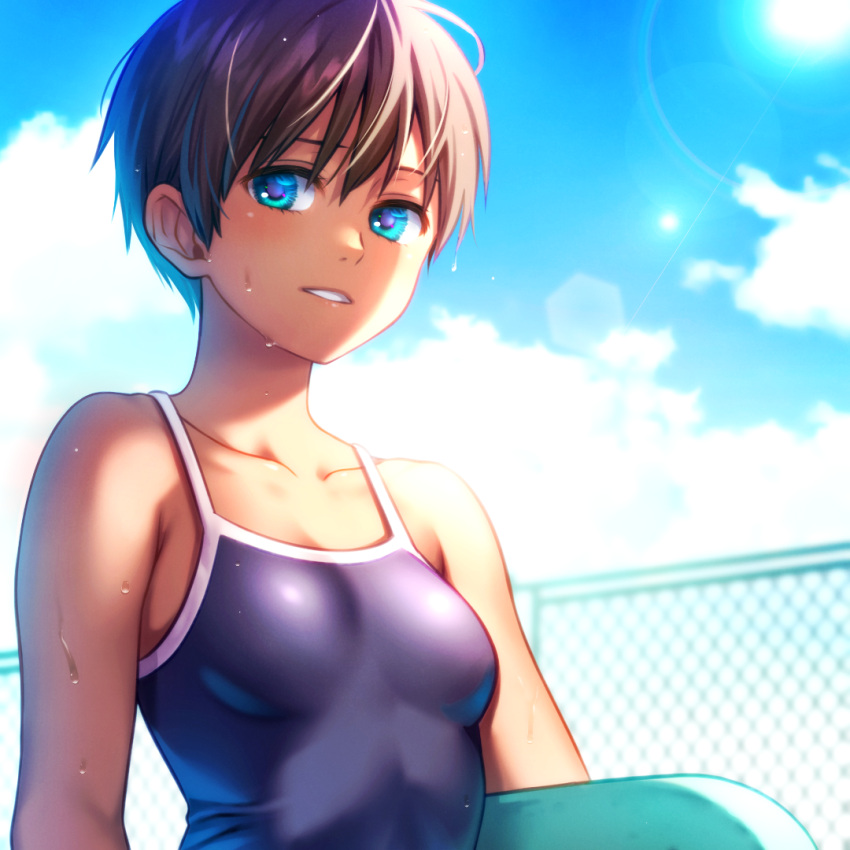 bare_shoulders blue_eyes blue_sky breasts brown_hair clouds competition_school_swimsuit looking_at_viewer nora_wanko original parted_lips school_swimsuit short_hair sky small_breasts sunlight surfboard swimsuit tan tomboy wet