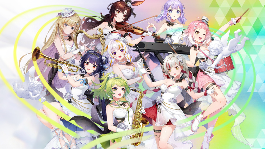 6+girls bad_source bow_(music) braid brown_hair chinese_commentary clarinet cocktail_dress color_coordination double_bun dress drumsticks formal gradient_hair green_eyes green_hair grey_hair hair_bun hat highres holding_bow_(music) huo_lulu inferno_(vtuber) instrument katya_(nebula_beat) keyboard_(instrument) long_hair looking_at_viewer luona mai_(vtuber) matching_outfits medium_hair mini_hat multicolored_hair multiple_girls nail_polish nebula_beat official_alternate_costume official_art pink_hair pointy_ears purple_hair red_eyes redhead saxophone song_name taomu_q twin_braids twintails very_long_hair violin virtual_youtuber white_dress white_footwear white_hair white_nails xuan_xiaozhi ye_heli yellow_eyes