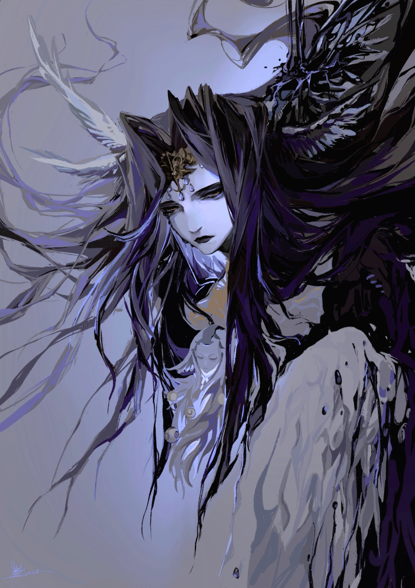 1girl absurdres bird_girl bird_wings bixinrrr black_hair black_lips black_tears chinese_commentary circlet colored_skin commentary_request expressionless final_fantasy final_fantasy_xiv from_side grey_background hair_intakes half-closed_eyes head_wings highres long_hair looking_at_viewer monster_girl multiple_wings simple_background solo tears the_endsinger upper_body white_skin wings yellow_eyes