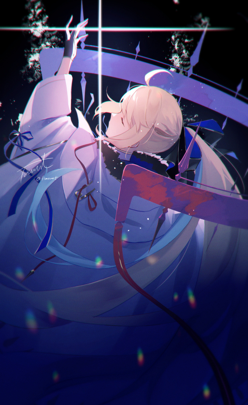 1girl ahoge black_background black_fur black_gloves blonde_hair blue_bow blue_ribbon bow cape closed_eyes closed_mouth collar fate/grand_order fate_(series) fomnant fur_trim gloves hair_bow highres long_hair long_sleeves ribbon shine tonelico_(fate) twintails very_long_hair white_cape white_collar