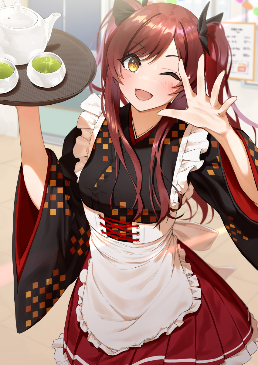 1girl absurdres alternate_hairstyle apron black_kimono blush checkered_clothes checkered_kimono cup frilled_apron frills green_tea hair_ribbon hand_up highres holding holding_tray idolmaster idolmaster_shiny_colors indoors japanese_clothes kaiso_(kaisooekaki) kimono kimono_skirt long_hair long_sleeves looking_at_viewer one_eye_closed open_mouth osaki_amana pleated_skirt red_skirt redhead ribbon skirt smile solo standing swept_bangs tea teacup teapot tray twintails waitress white_apron wide_sleeves yellow_eyes