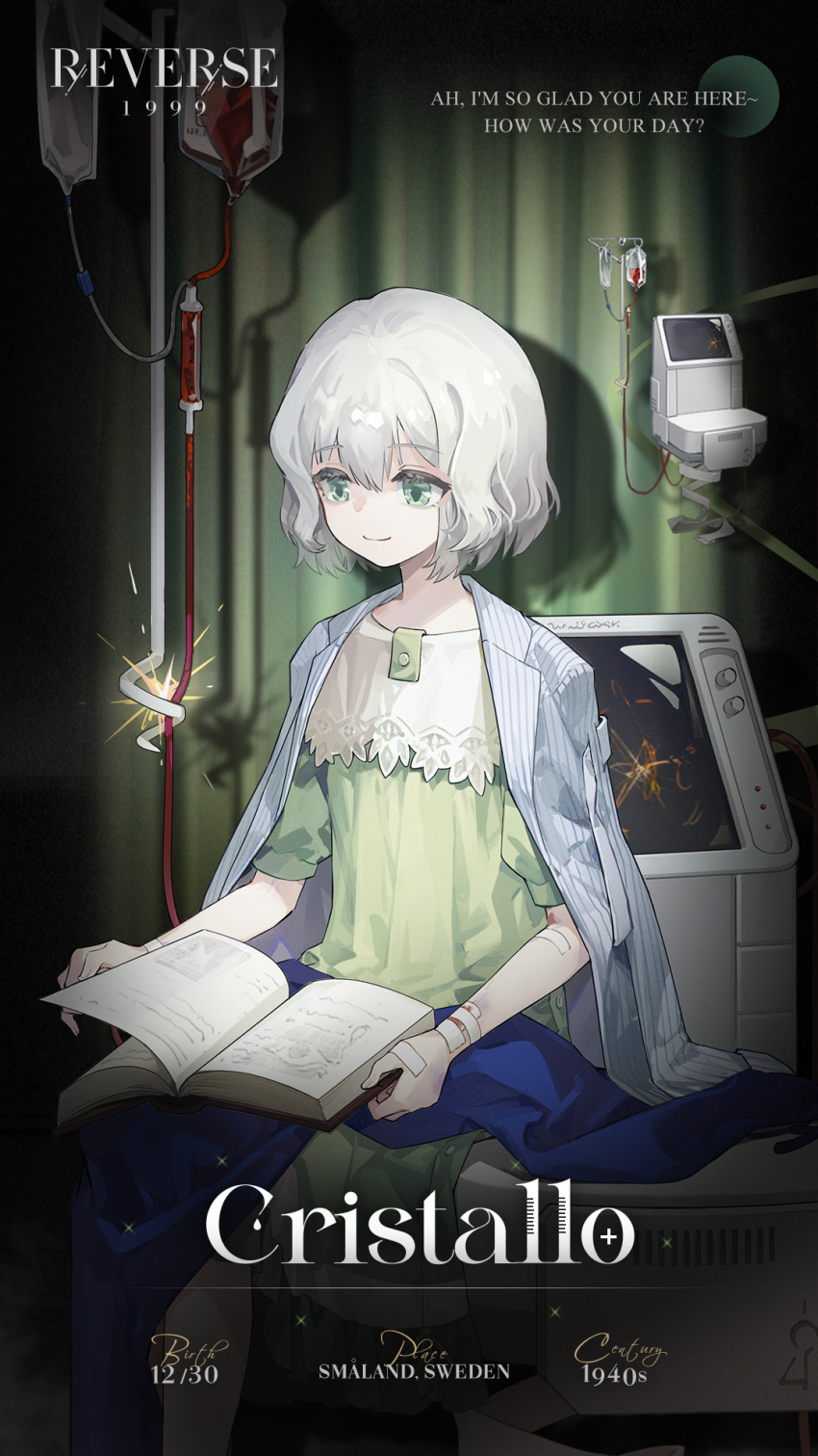 1girl bandaid bandaid_on_arm blanket blood blood_bag book book_on_lap character_name copyright_name cristallo curtains device dress english_text feet_out_of_frame green_background green_curtains green_dress green_eyes hair_between_eyes highres injection intravenous_drip iv_stand logo looking_down official_art open_book reading reverse:1999 shirt shirt_on_shoulders short_hair short_sleeves sitting smile solo sparks spotlight striped striped_shirt vertical-striped_shirt vertical_stripes white_hair white_shirt