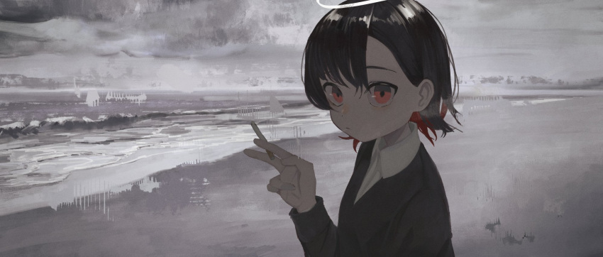 1girl beach black_hair black_jacket cigarette closed_mouth clouds cloudy_sky collared_shirt colored_inner_hair daruma_karei grey_sky halo hand_up highres holding holding_cigarette horizon jacket long_sleeves looking_at_viewer multicolored_hair ocean original outdoors red_eyes redhead shirt short_hair sky smoking solo two-tone_hair upper_body white_shirt
