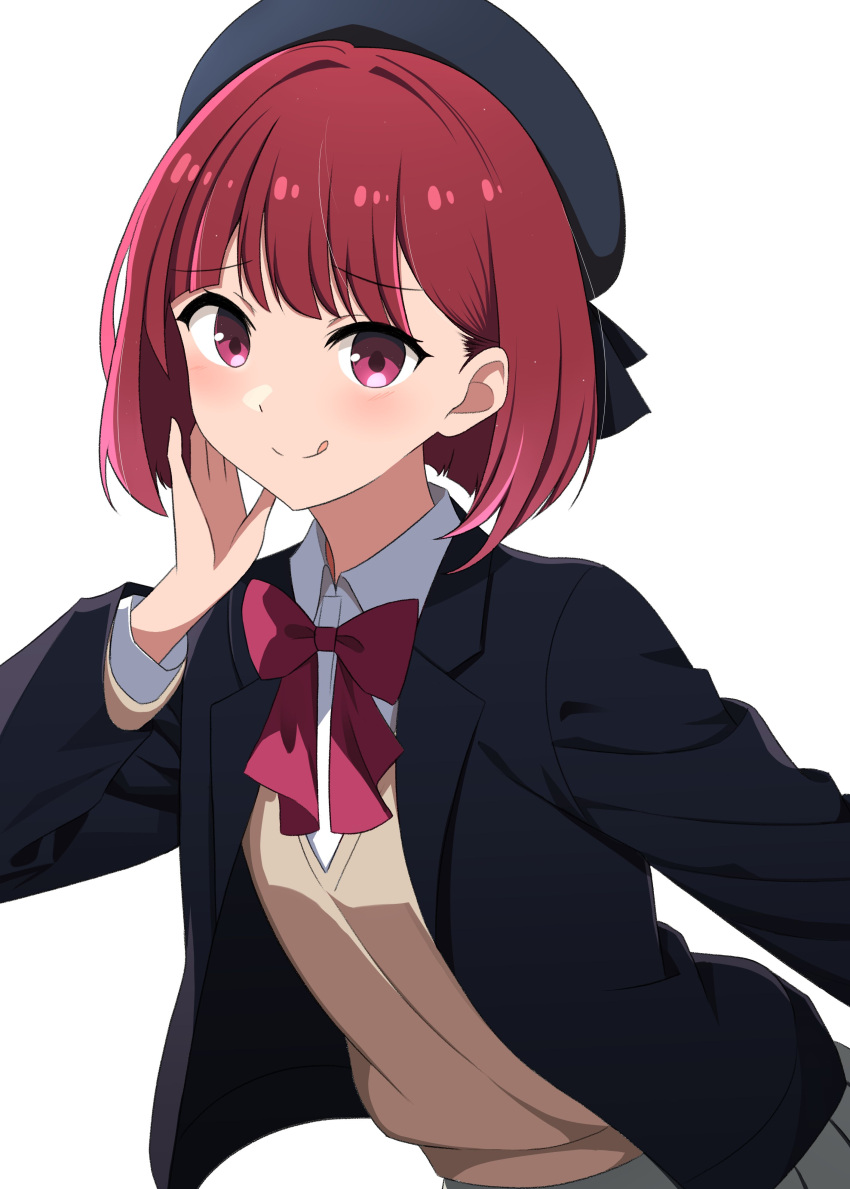 1girl absurdres arima_kana beret black_headwear black_vest bob_cut closed_mouth grey_skirt hand_on_own_cheek hand_on_own_face hat hat_ribbon highres inverted_bob looking_at_viewer oshi_no_ko pink_ribbon red_eyes redhead ribbon short_hair simple_background skirt smile solo sweater_vest upper_body vest zero0ex