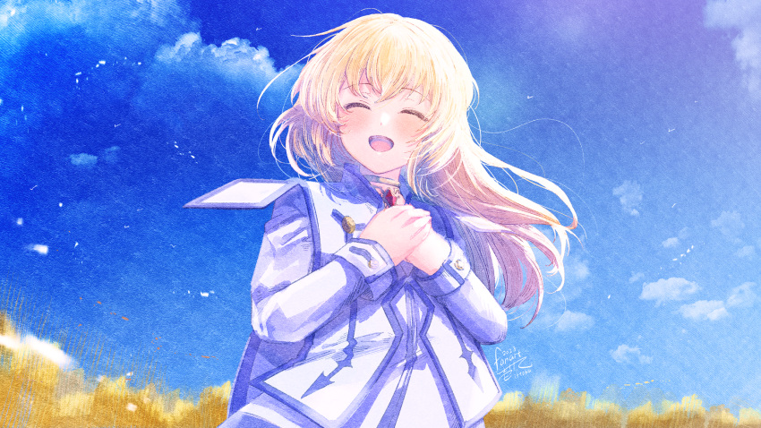 1girl :d ^_^ blonde_hair blue_sky closed_eyes clouds colette_brunel commentary_request day facing_viewer floating_hair highres ittokyu jacket long_hair long_sleeves outdoors own_hands_together signature sky smile solo tales_of_(series) tales_of_symphonia upper_body white_jacket