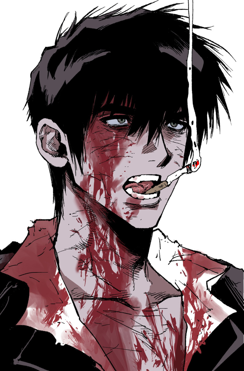 1boy absurdres black_eyes black_hair black_jacket blood blood_on_clothes blood_on_face cigarette collarbone collared_shirt highres jacket male_focus mouth_hold my_nameisyoon nicholas_d._wolfwood open_mouth shirt short_hair simple_background smoking solo teeth trigun upper_body white_background white_shirt