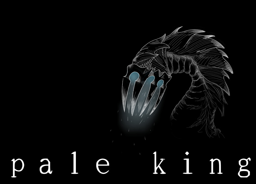 animal_focus black_background black_theme character_name commentary english_text glowing greyscale hollow_knight monochrome monster no_humans pale_king_(hollow_knight) sakana_2-gou simple_background solo spot_color worm