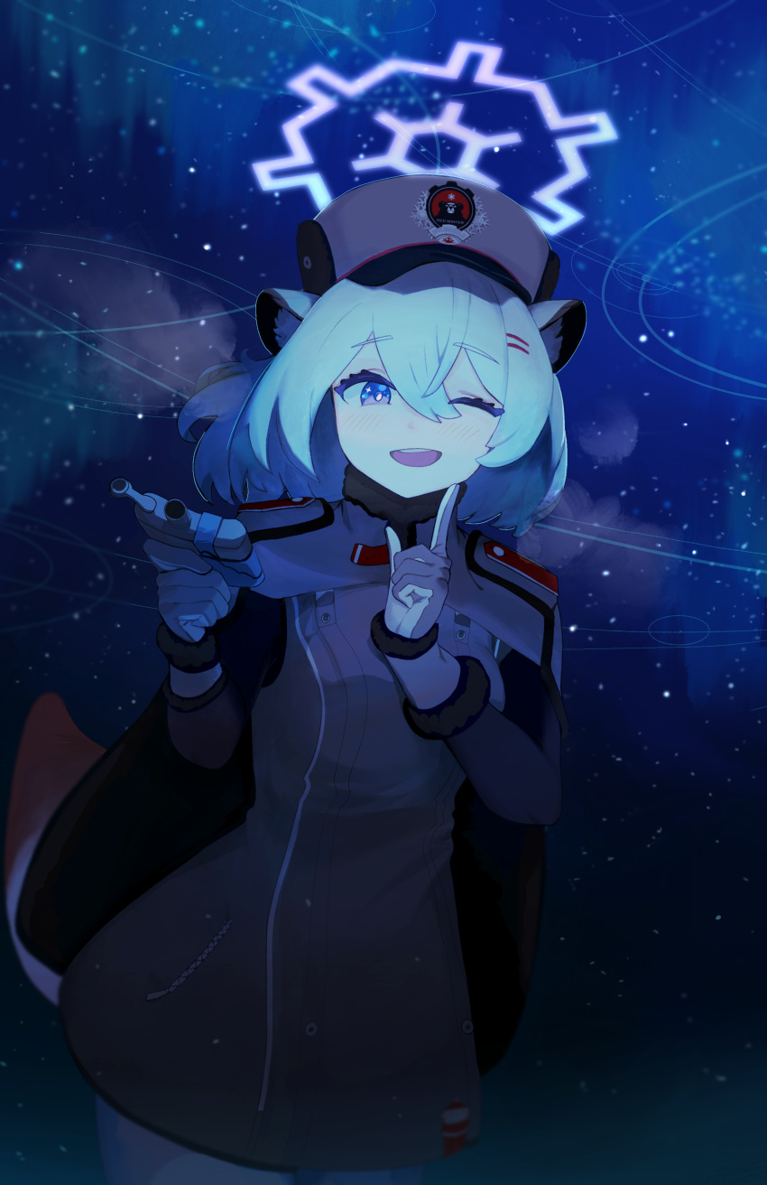 1girl absurdres animal_ears blue_archive bonefire0909 cape dress flask gloves green_hair grey_dress grey_gloves halo highres night night_sky one_eye_closed shigure_(blue_archive) sky violet_eyes visible_air