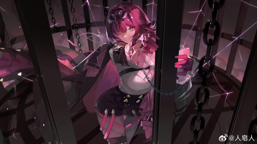 1girl birdcage black_jacket black_pantyhose black_shorts cage chain chinese_commentary cliuu_u closed_mouth commentary_request cowboy_shot eyewear_on_head glasses gloves hair_between_eyes highres honkai:_star_rail honkai_(series) jacket jewelry kafka_(honkai:_star_rail) long_hair long_sleeves looking_at_viewer multiple_rings open_clothes open_jacket pantyhose purple_gloves purple_hair ring shirt shorts smile solo violet_eyes weibo_logo weibo_username white_shirt