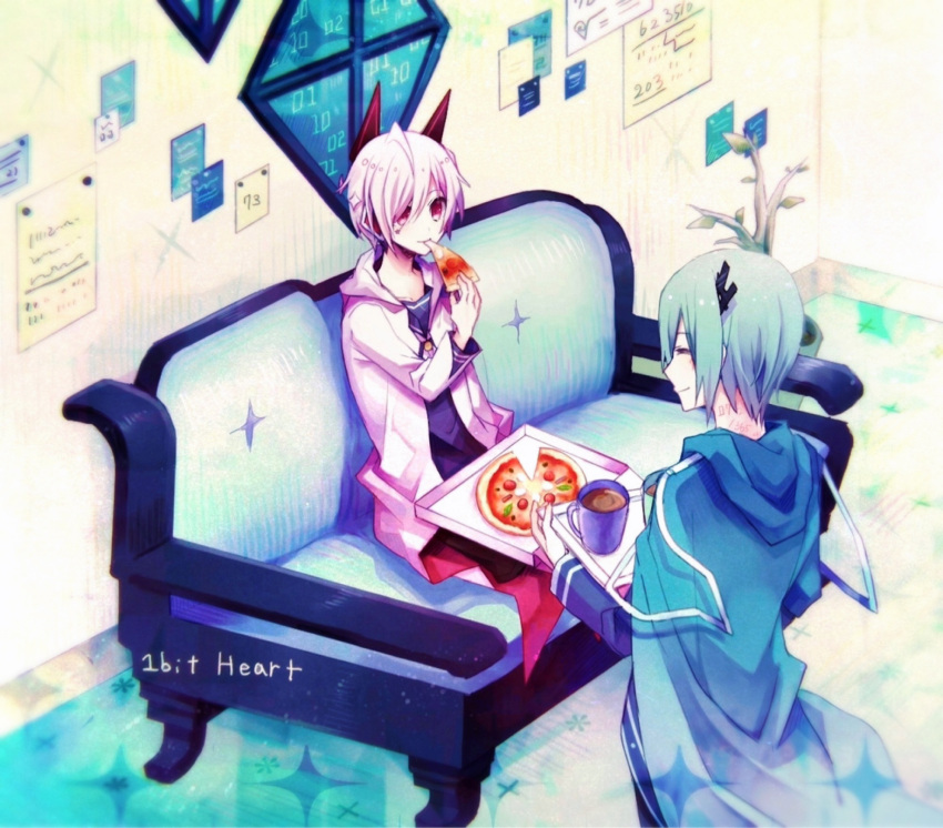 1bitheart 2boys aisaka_mikado animal_ears blue_hoodie blue_shirt closed_eyes closed_mouth copyright_name couch cup facial_mark fake_animal_ears food fujikawa_(honomayu) highres holding holding_cup holding_food holding_pizza hood hood_down hoodie male_focus multiple_boys nanase_yoshi on_couch pink_eyes pizza shirt short_hair sitting smile star_(symbol) star_facial_mark white_hair white_hoodie